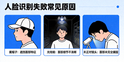 人脸识别失败常见原因，如戴帽子、光线暗、未正对镜头