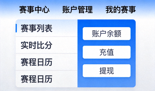 开云平台赛事查看与账户操作综合界面示意图，包含导航菜单和功能模块