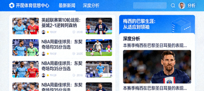 开云体育资讯中心界面，展示最新体育新闻与深度分析文章