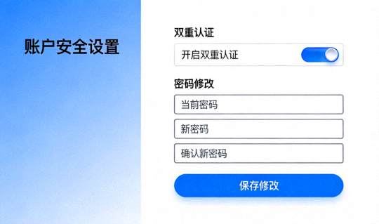 开云账户安全设置页面，突出显示双重认证开关和密码修改区域