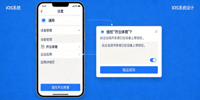 iOS设备管理界面中信任开云体育企业应用的步骤，显示验证成功状态